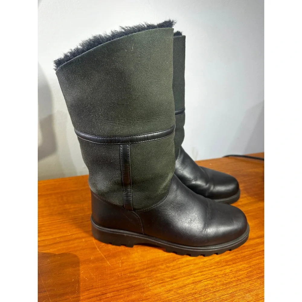 La Canadienne Black Leather Olive Suede Faux Fur Lined Boots Made in Canada 8M